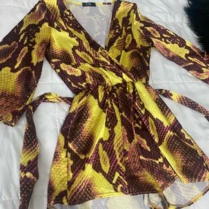 Snake print satin romper with belt